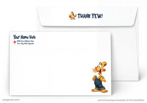 Cartoon character on a card with 'Thank Yew!' text and envelope.