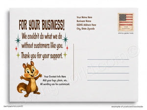 Postcard with cartoon chipmunk and text thanking customers for support, with space for customization.