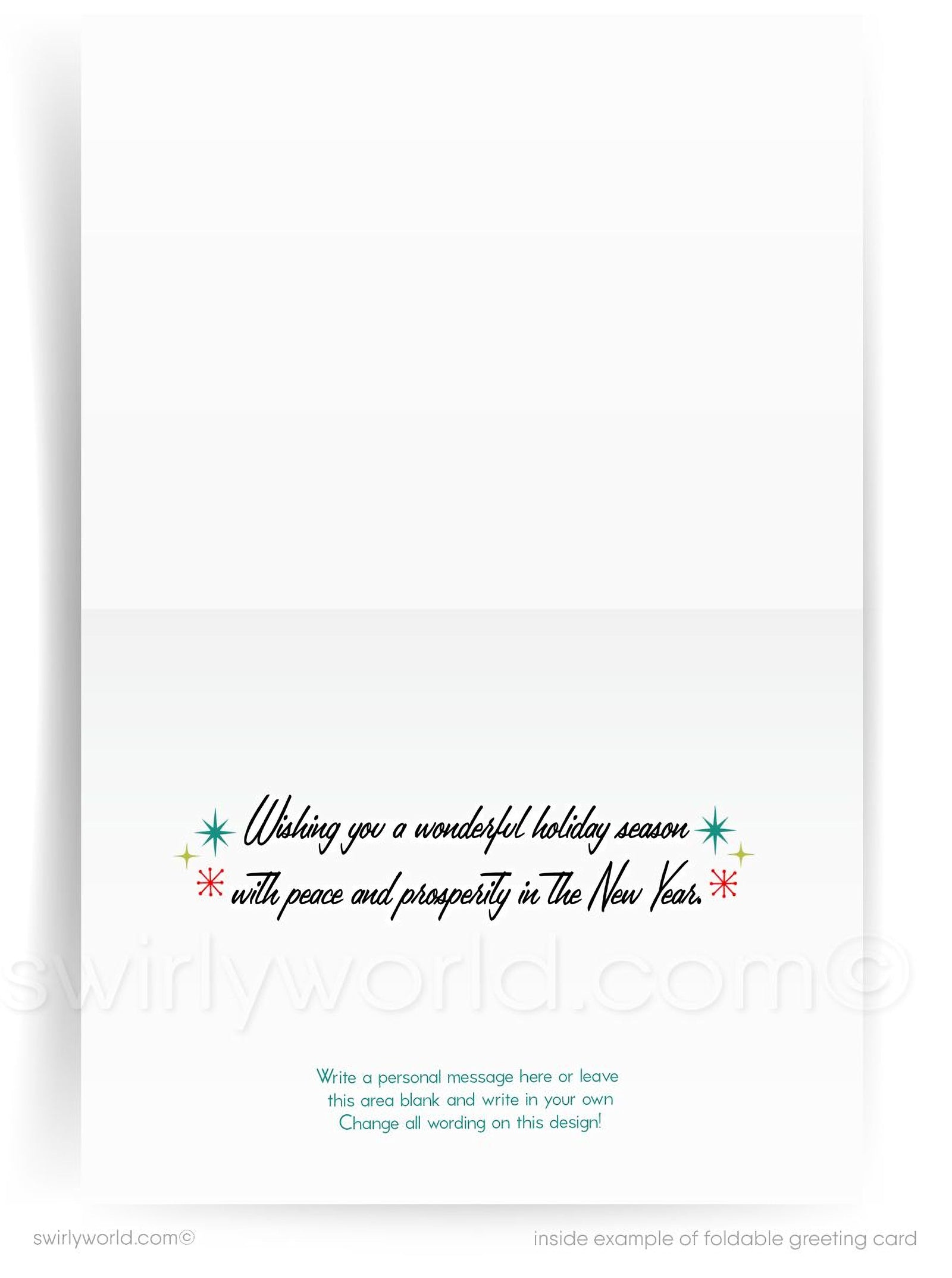 1950's Vintage Mid-Century Modern Santa Claus Flying Airplane Merry Christmas Holiday Greeting Cards for Business Customers.