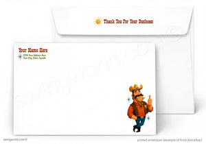 A white printed envelope set shown on a light gray background. The front envelope has a small cowboy illustration in the lower right corner and sample text fields on the left.