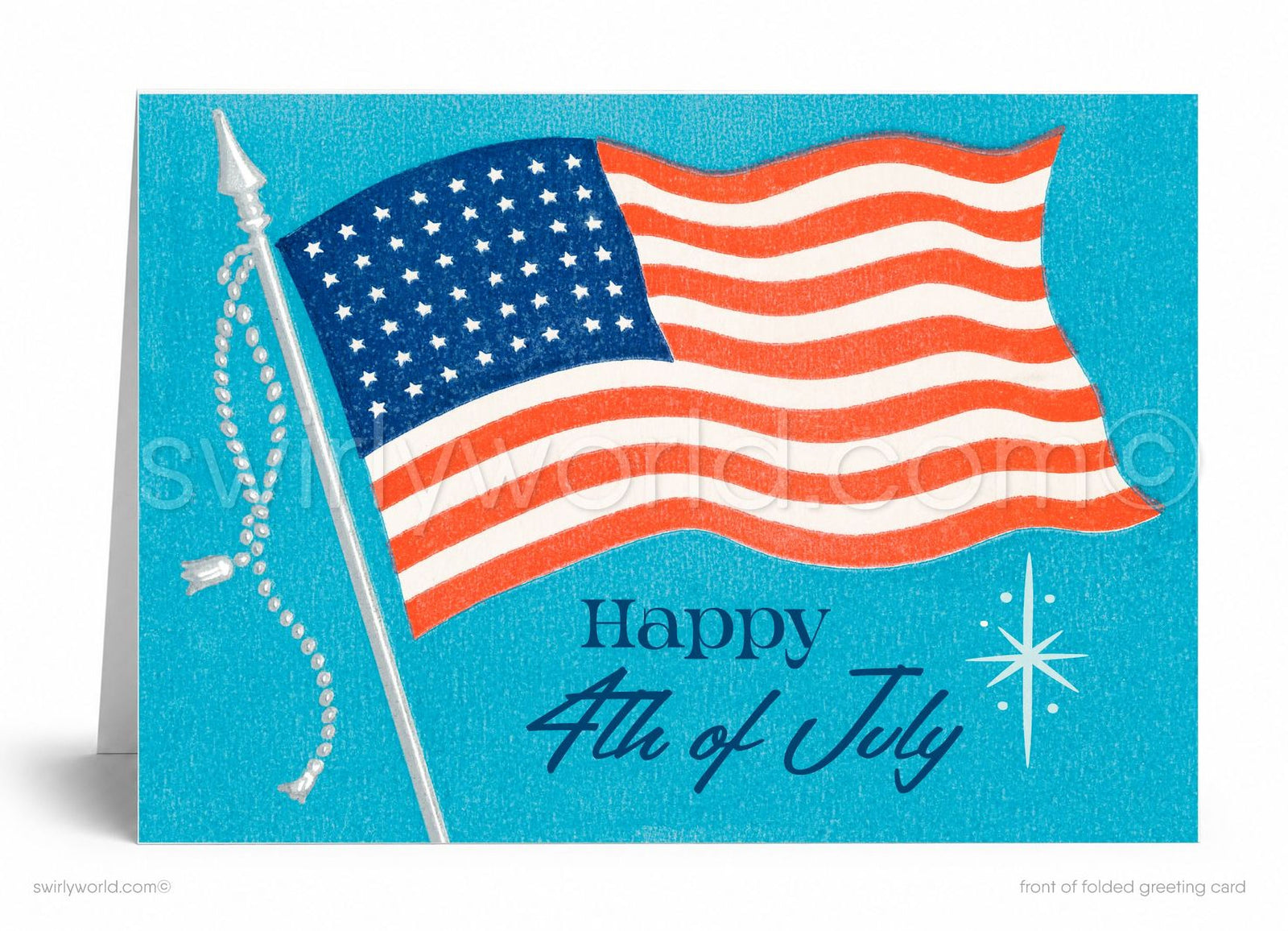 A greeting card with an American flag and the text "Happy 4th of July" on a blue background.