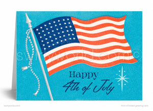A greeting card with an American flag and the text "Happy 4th of July" on a blue background.
