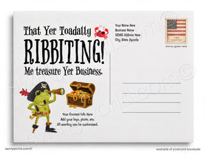 Postcard with pirate frog design and text on a white background