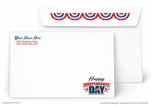 The image is a printed envelope featuring a patriotic design with a red, white, and blue color scheme, along with the text "Happy Independence Day" and "printed envelopes (front) (backflip)" printed on it.