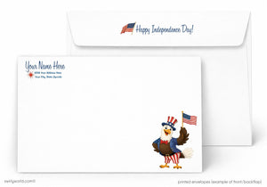 Happy Independence Day card with an eagle holding a flag and envelope on a white background