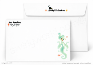a white envelope with a spooky little thank-you message and a whimsical illustration of a ghostly green mermaid.