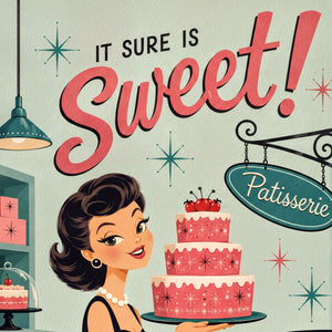 The image is a vintage-style illustration featuring a woman holding a large, multi-tiered cake with a sign for a patisserie in the background.