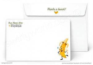 a white envelope with a cartoon banana character on it. The envelope has a message that says "Thanks a bunch!" and a space for a recipient's name and address.