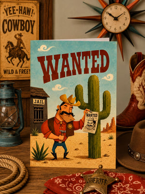 a cowboy holding a "Wanted" sign in front of a cactus, with a cowboy hat, a cactus, and a cowboy boot visible in the background.