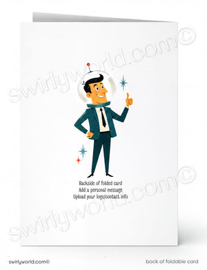 Back of a folded card with a cartoon astronaut character on a white background