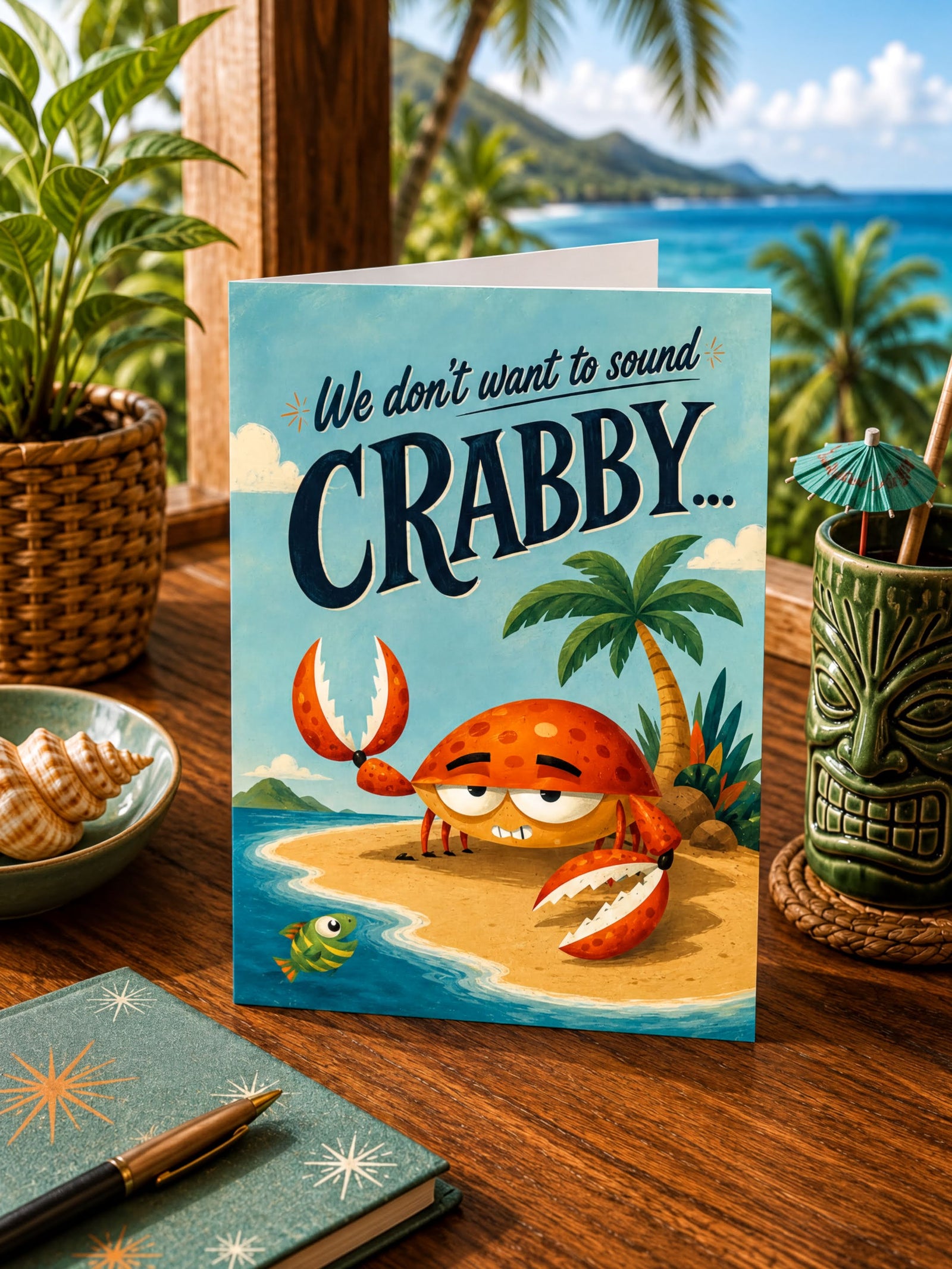 A folded greeting card shown front-on against a white background. The card features a tropical beach illustration with a cartoon crab on sand, palm tree, blue water, and the text 'We don't want to sound CRABBY.