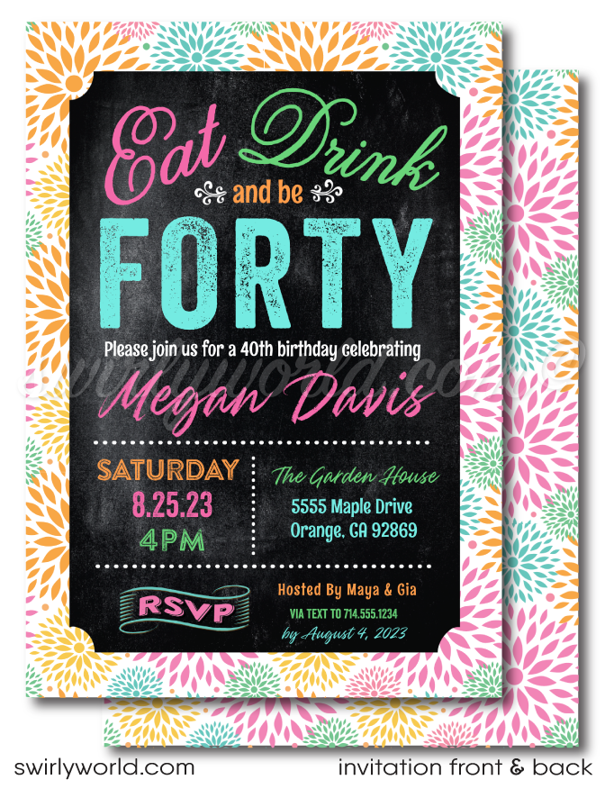 Eat, Drink, & Be 40! Whimsical Floral 40th Birthday Brunch Luncheon Design for Women