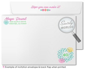 Celebrate a special 40th with the perfect invitation! Our beautiful, garden-inspired design is sure to make your forty-year-old feel fabulous and one-of-a-kind. This whimsical organic floral digital design bundle would be great for a luncheon or girls day out! Includes matching thank-you cards and envelopes for an unforgettable event! 