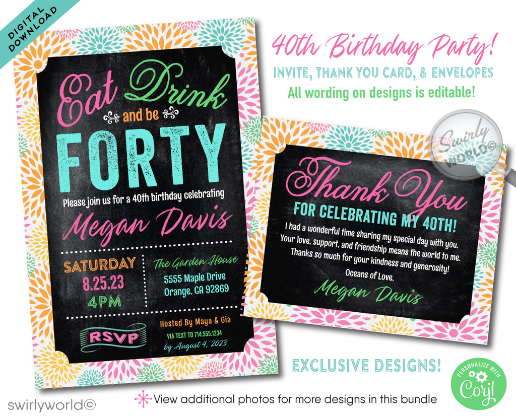 This elegant 40th Birthday Brunch digital design bundle is the essence of sophistication and uniqueness, perfectly crafted for commemorating a fabulous 40-year milestone. Ideal for a delightful luncheon or a cheerful girls' day out, this whimsical "Eat, Drink, and be Forty" collection captures the essence of a beauty and fun!