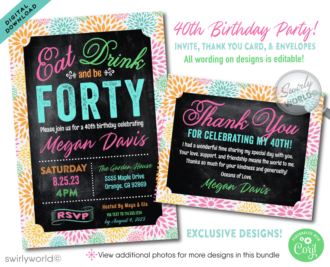 This elegant 40th Birthday Brunch digital design bundle is the essence of sophistication and uniqueness, perfectly crafted for commemorating a fabulous 40-year milestone. Ideal for a delightful luncheon or a cheerful girls' day out, this whimsical "Eat, Drink, and be Forty" collection captures the essence of a beauty and fun!