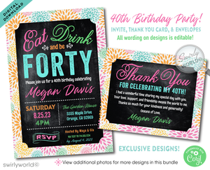 This elegant 40th Birthday Brunch digital design bundle is the essence of sophistication and uniqueness, perfectly crafted for commemorating a fabulous 40-year milestone. Ideal for a delightful luncheon or a cheerful girls' day out, this whimsical "Eat, Drink, and be Forty" collection captures the essence of a beauty and fun!