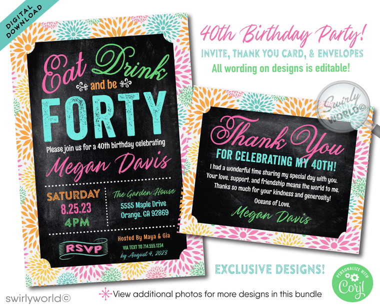 Eat, Drink, & Be 40! Whimsical Floral 40th Birthday Brunch Luncheon Design for Women