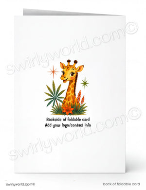 A folded white card shown front and back on a white background. The front has a centered illustration of a smiling giraffe with plants and small stars, and the back shows placeholder text reading 'Backside of foldable card' and 'Add your logo/contact info'.