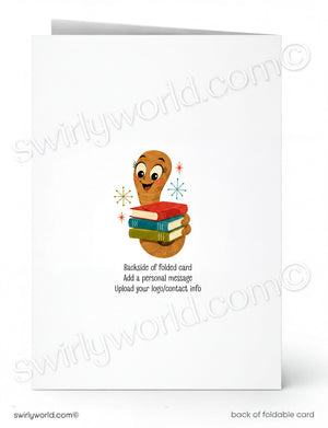 Back of a folded card with a cartoon wooden spoon holding books on a white background.