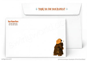 a white envelope with a cartoon image of a smiling man wearing a brown robe. The envelope has a message that says "Thank you for your business!" printed on it.