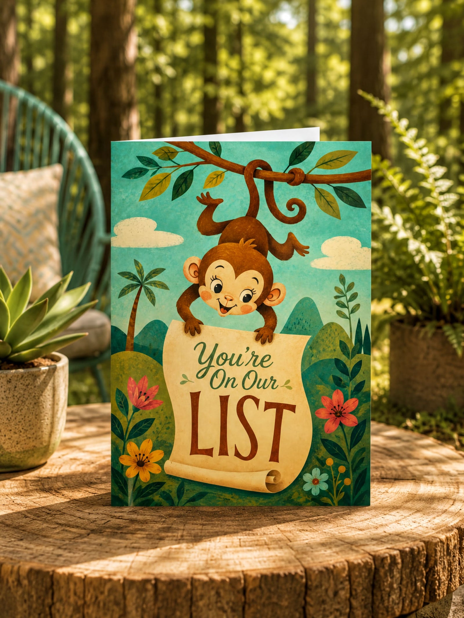 Card with a monkey holding a scroll saying 'You're On Our List' in a jungle setting.