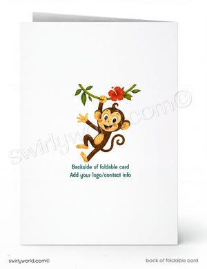 a cartoon monkey holding a flower and a branch, with the text "Backside of foldable card" and "Add your logo/contact info" below the illustration.