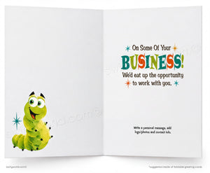 The image is a greeting card featuring a caterpillar character with a smiling expression. The card has a message encouraging the recipient to consider a business opportunity to work with the person depicted on the card.