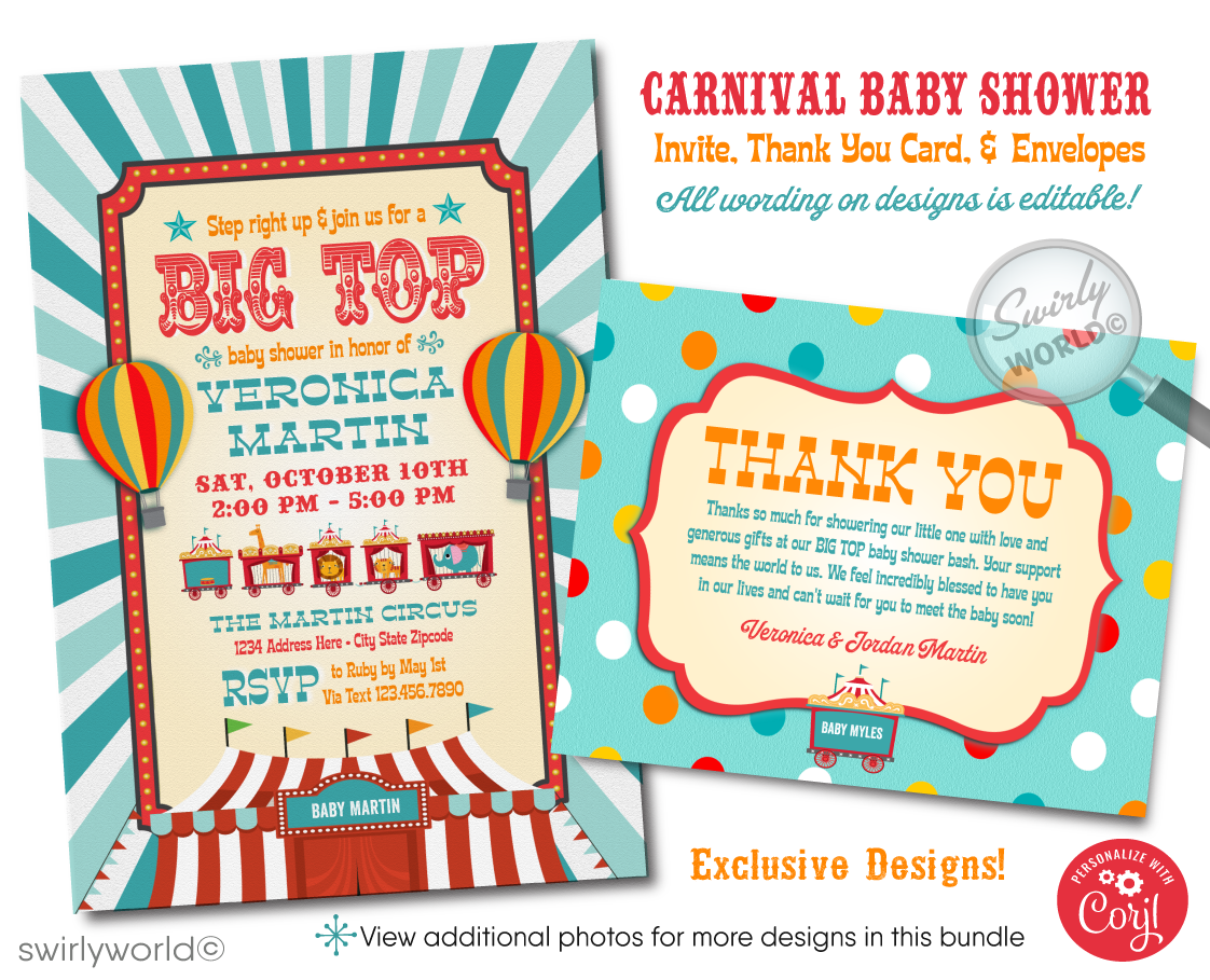 Step right up to the greatest show celebrating the upcoming arrival of your little star! Introducing our Vintage Style Carnival Theme Baby Shower Digital Downloadable Bundle Set, perfect for parents-to-be who adore the nostalgic allure of a vintage carnival aesthetic and desire a gender-neutral theme for their baby shower.