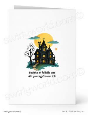 A folded greeting card shown front and back on a white background. The front features a whimsical illustration of a haunted house at night under a large yellow moon, with clouds, a bare tree, and a star.