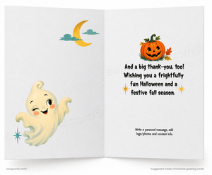 A folded Halloween greeting card shown open, with a white background and printed illustrations including a smiling ghost, a crescent moon, clouds, and a jack-o'-lantern. The right panel contains a thank-you message and writing instructions.