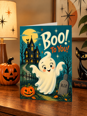A Halloween greeting card featuring a cute white cartoon ghost in front of a haunted house and full moon, with the text 'Boo! To You!' on a wooden table surrounded by a jack-o'-lantern, a lamp, and a black cat figurine.