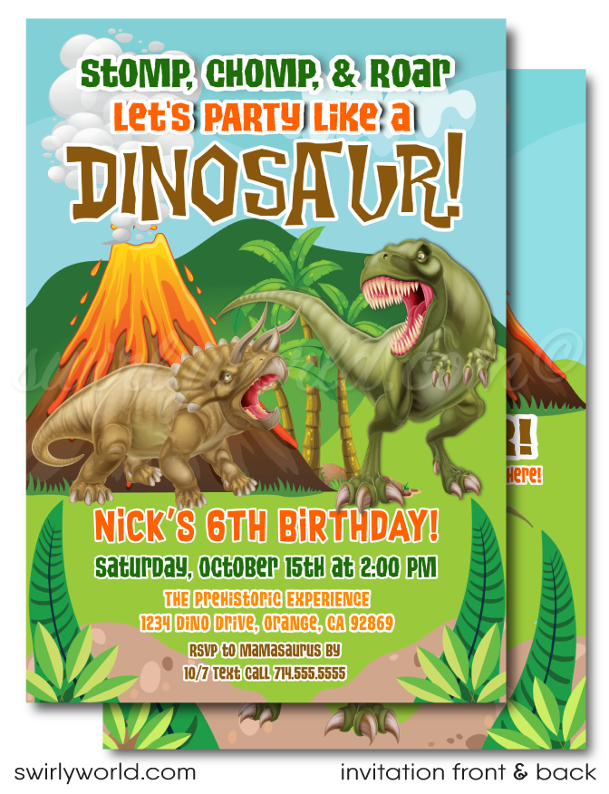 Roar into a prehistoric adventure with our T-Rex & Triceratops Dinosaur Party printed invitations. Featuring epic dino battles and vivid volcanic scenes, this set includes invitations, thank you cards, and matching envelopes. Perfect for dinosaur lovers, make your event unforgettable with this vibrant, high-quality print set.