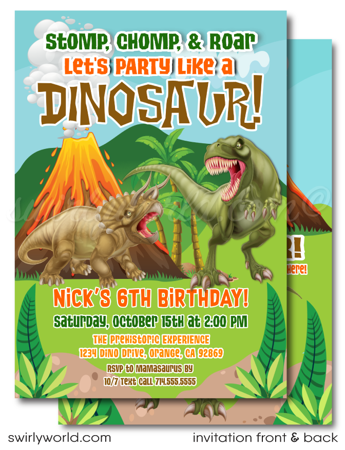 Dinosaur Tyrannosaurus T-Rex Battling Triceratops Birthday Party Digital Invitation