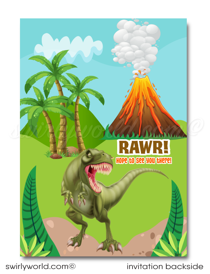 Roar into a prehistoric adventure with our T-Rex & Triceratops Dinosaur Party printed invitations. Featuring epic dino battles and vivid volcanic scenes, this set includes invitations, thank you cards, and matching envelopes. Perfect for dinosaur lovers, make your event unforgettable with this vibrant, high-quality print set.