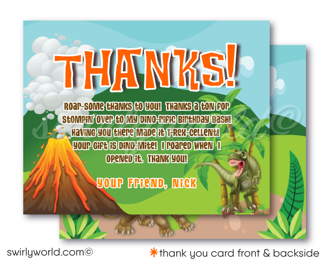 Roar into a prehistoric adventure with our T-Rex & Triceratops Dinosaur Party printed invitations. Featuring epic dino battles and vivid volcanic scenes, this set includes invitations, thank you cards, and matching envelopes. Perfect for dinosaur lovers, make your event unforgettable with this vibrant, high-quality print set.