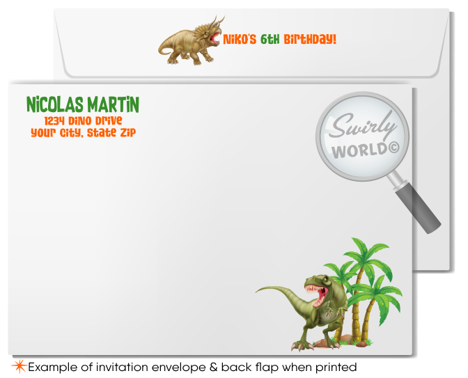 Roar into a prehistoric adventure with our T-Rex & Triceratops Dinosaur Party printed invitations. Featuring epic dino battles and vivid volcanic scenes, this set includes invitations, thank you cards, and matching envelopes. Perfect for dinosaur lovers, make your event unforgettable with this vibrant, high-quality print set.