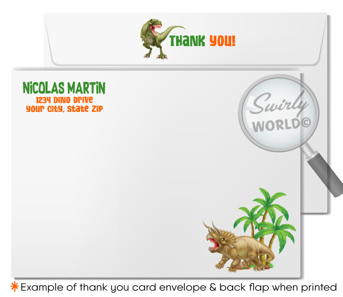 Roar into a prehistoric adventure with our T-Rex & Triceratops Dinosaur Party printed invitations. Featuring epic dino battles and vivid volcanic scenes, this set includes invitations, thank you cards, and matching envelopes. Perfect for dinosaur lovers, make your event unforgettable with this vibrant, high-quality print set.