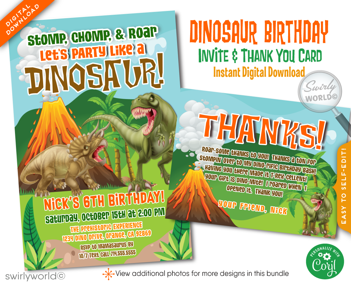 Dinosaur Tyrannosaurus T-Rex Battling Triceratops Birthday Party Digital Invitation