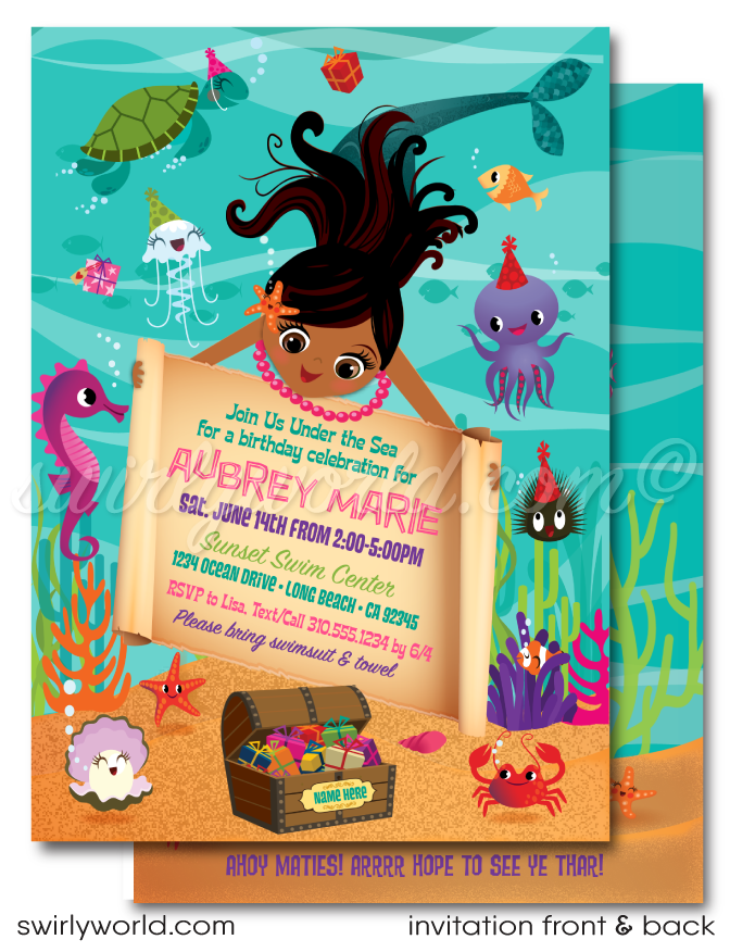 Retro brown black african Little Princess Mermaid girl "under the sea" swim aquarium ocean beach summer party invitations; digital invitation, thank yous, & envelope design.