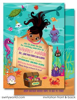 Retro brown black african Little Princess Mermaid girl "under the sea" swim aquarium ocean beach summer party invitations; digital invitation, thank yous, & envelope design.