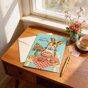 A Mother's Day card with a bunny illustration sits on a wooden table, accompanied by a cup of tea, a pen, and a vase of pink flowers.