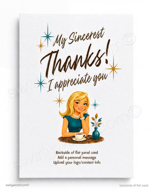 Greeting card with a woman at a table and text 'My Sincerest Thanks! I appreciate you' on a white background.