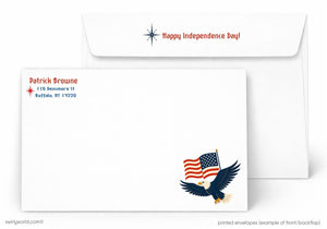 a white envelope with a patriotic design, including an eagle holding an American flag and the text "Happy Independence Day!" printed on it.