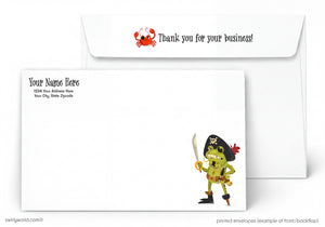 Pirate-themed printed envelope with a cartoon character and text on a white background