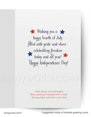 a greeting card with a patriotic message for the Fourth of July, wishing the recipient a happy and independent day. The card is blank, allowing the recipient to write their own personal message.
