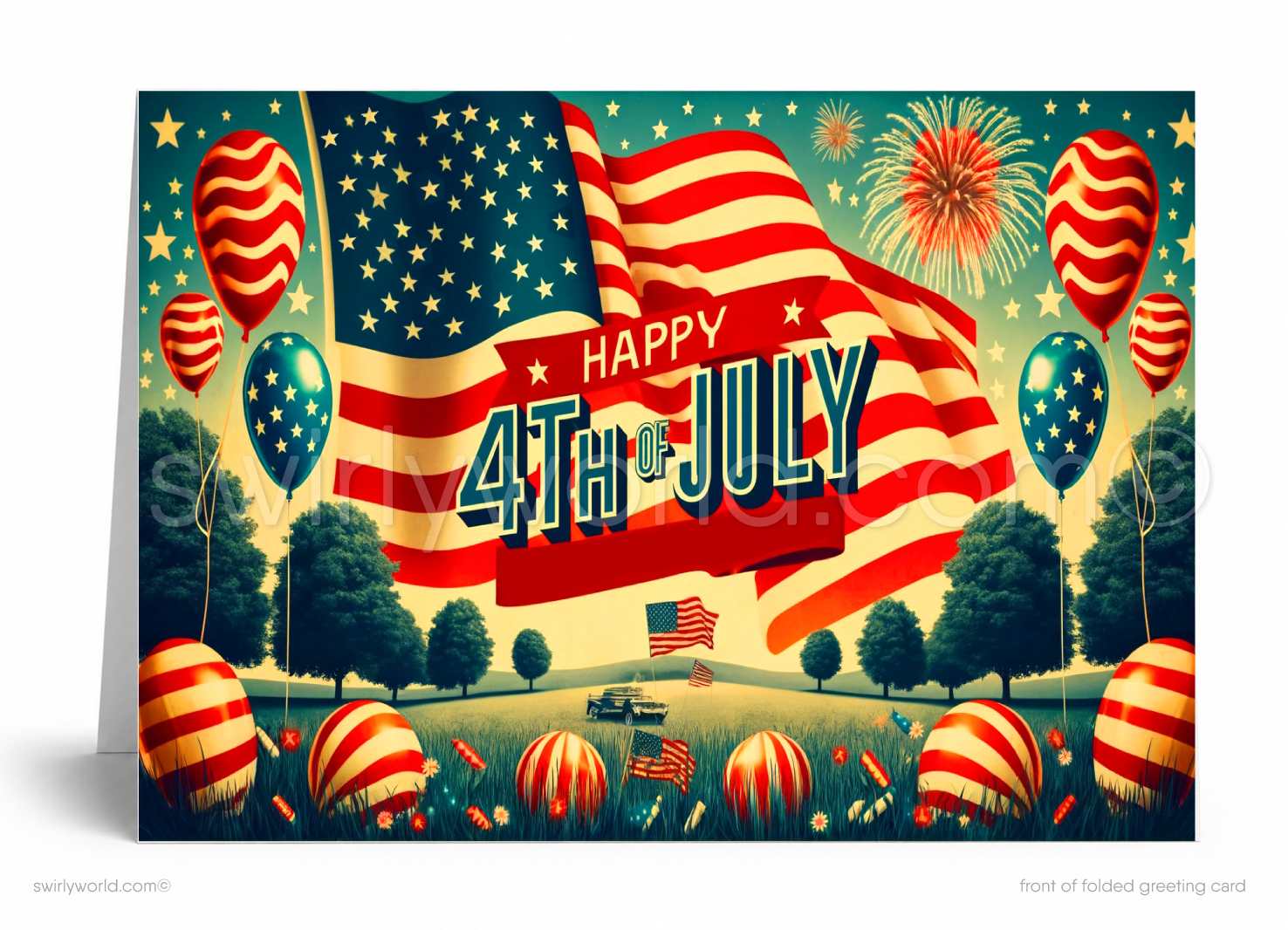 The image is a vibrant and festive collage celebrating the 4th of July, featuring the American flag, fireworks, balloons, and a lush green field.