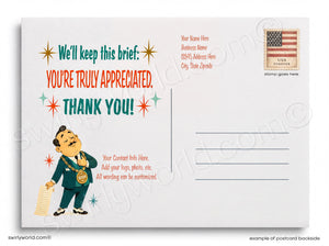 Vintage-style postcard with a cartoon character and text on a white background