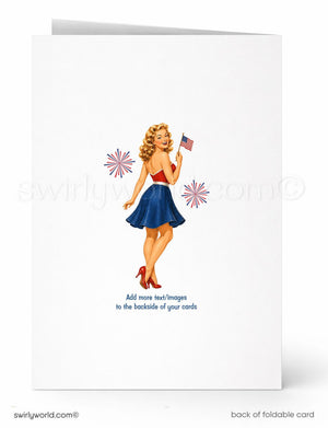 A vintage-style illustration of a woman wearing a blue dress and holding an American flag, with fireworks in the background.