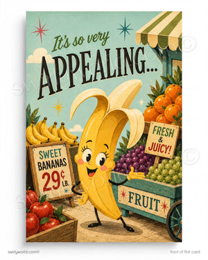 A retro-style illustrated fruit market poster featuring a smiling cartoon banana standing beside a fruit stand with signs reading 'Sweet Bananas 29¢ LB.' and 'Fresh & Juicy!'.