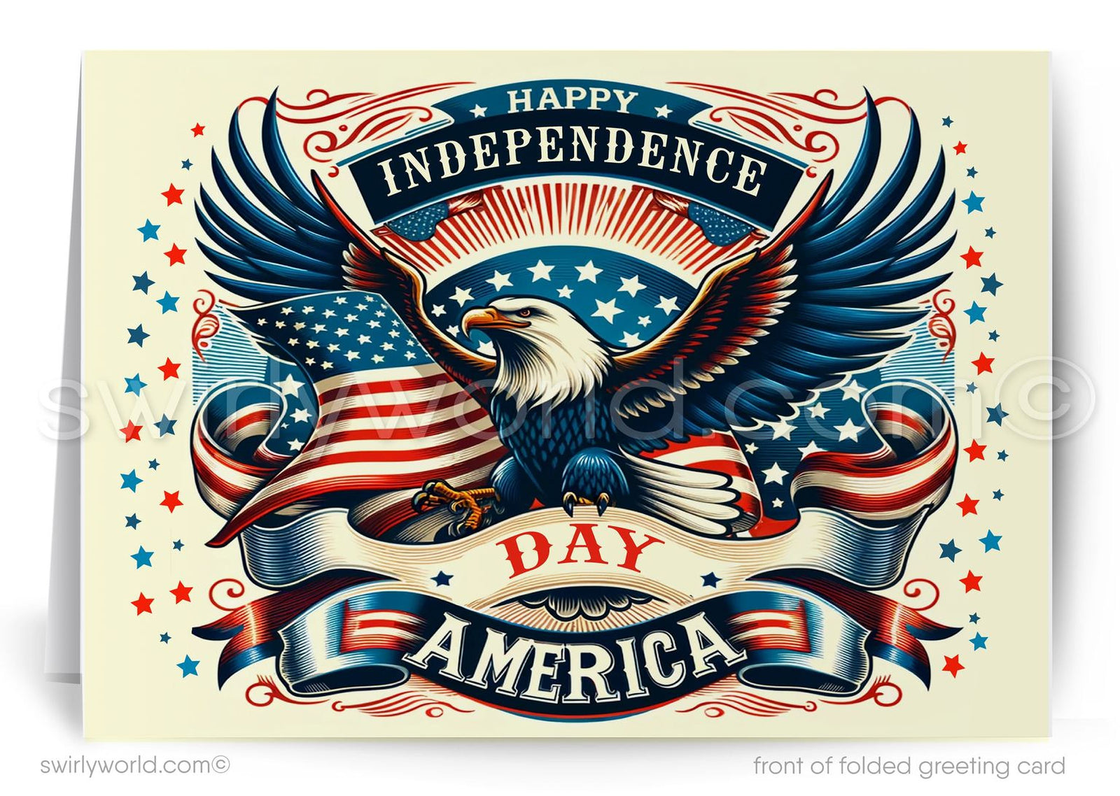 The image is a greeting card celebrating the American flag and the theme of independence. It features a large eagle with outstretched wings, a banner with the words "Happy Independence Day America", and a red, white, and blue striped banner. The background includes the American flag and stars, creating a patriotic and celebratory atmosphere.